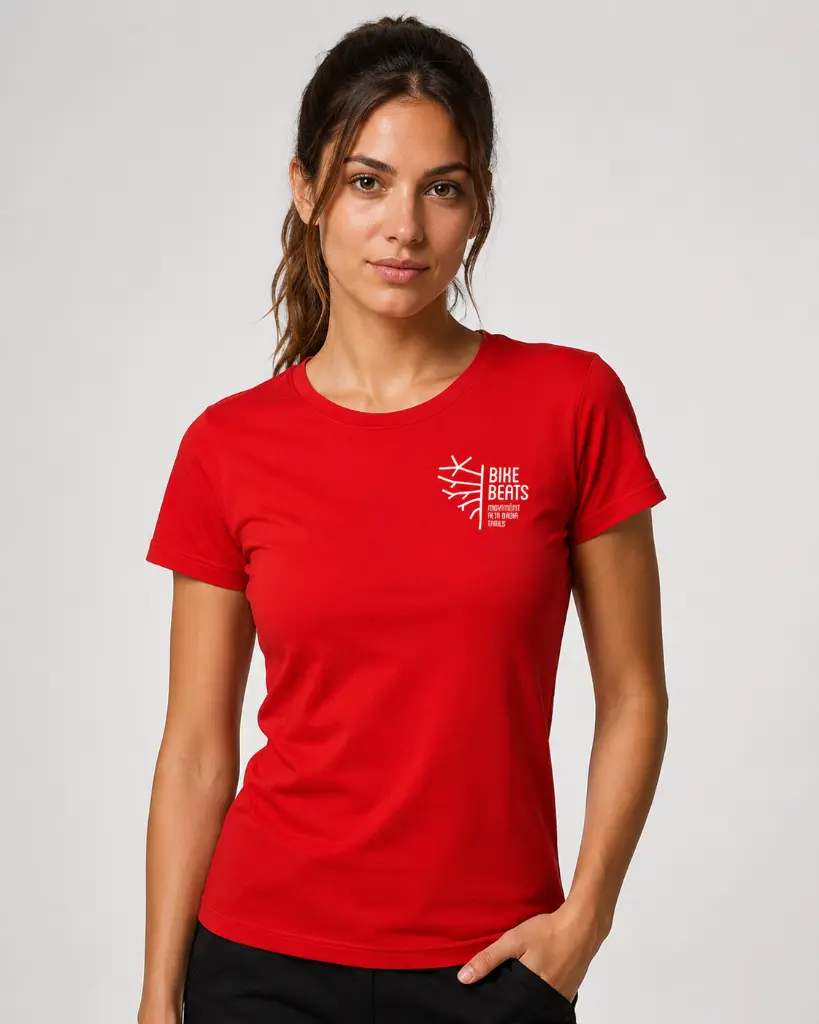 T-shirt rossa donna Bike Beats – Alta Badia_01.webp