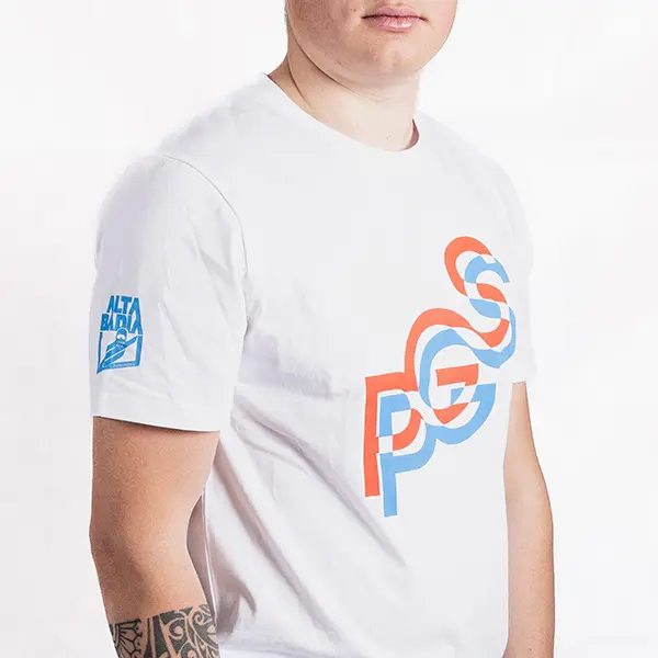 Men’s PGS white T-shirt with stylized design