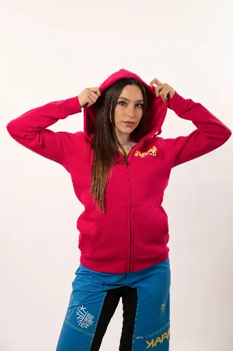 Felpa cappuccio + zip logo MM + fiori fucsia