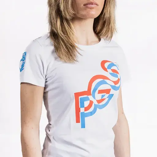 Women’s PGS white T-shirt with stylized design